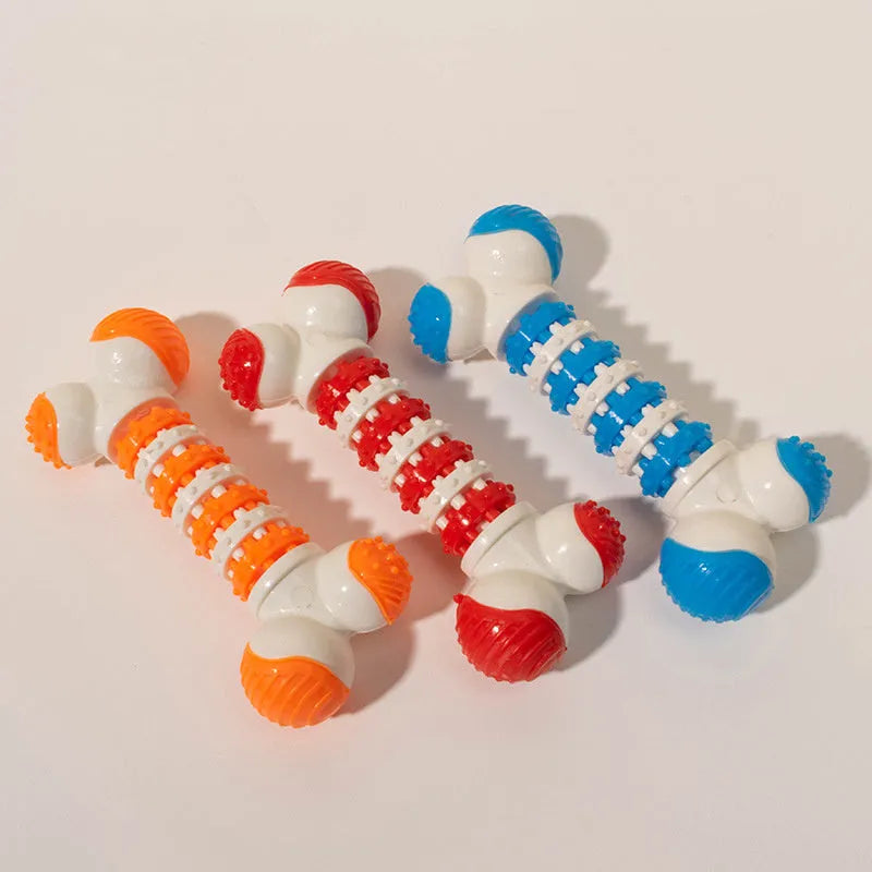 Bone-shaped interactive dog toy in blue, orange, or red for small breed puppies with chewable ends and treat holder