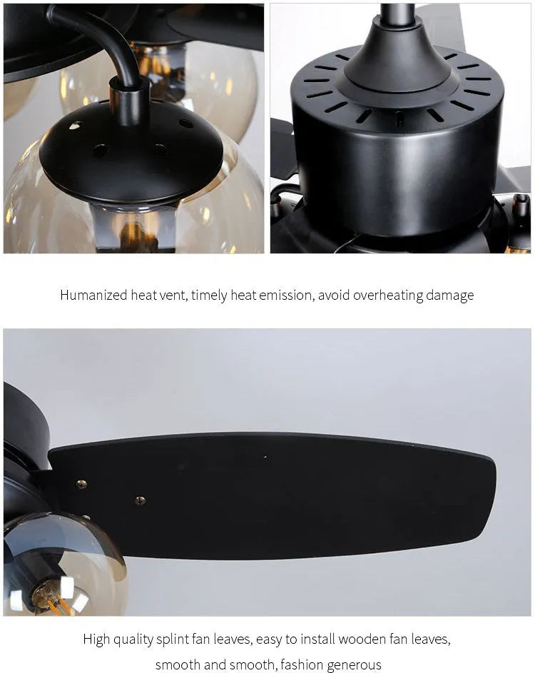 42 inch glass ceiling fan light with wood blades in black, brown or white for living room, bedroom or dining room