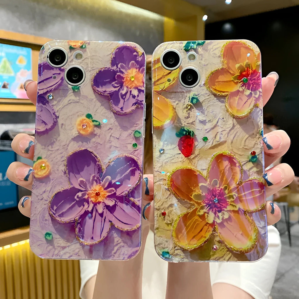 Purple and yellow soft rubber phone cases with oil painting flower designs and diamond accents