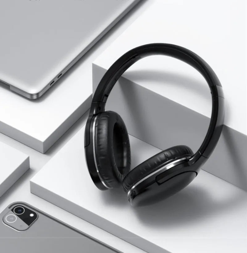Wireless black sports gaming headset with over-ear design showing Bluetooth connectivity