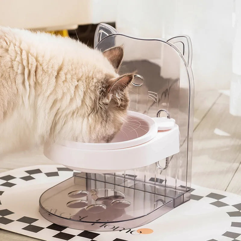 Grey pet bowl with cat ear handles showing height adjustment mechanism and anti-spill design