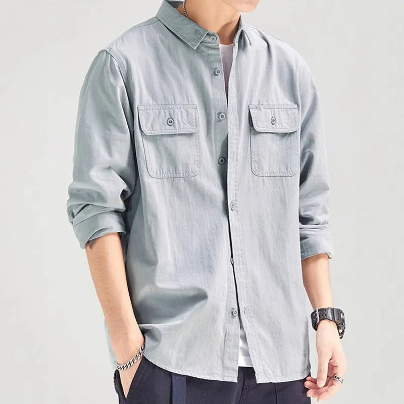 Men's long sleeve overalls shirt in cardigan style, loose fit, colours light grey black khaki green