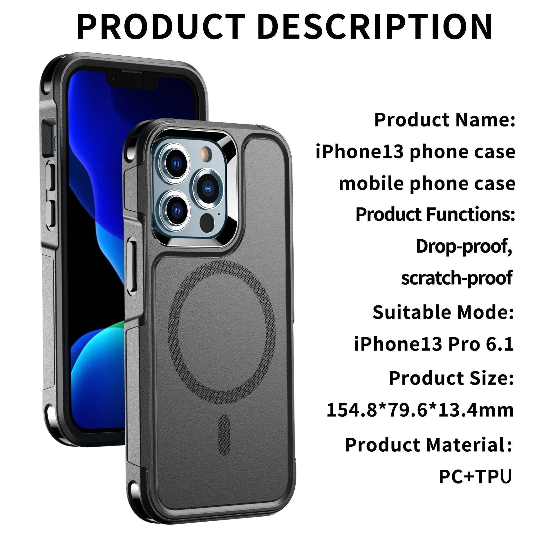 Black magnetic shatterproof back cover case for iPhone 12 and iPhone 13 series phones.