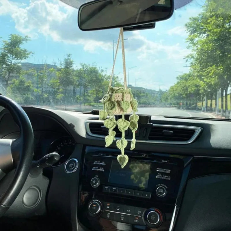 Green and white fishing style car plant decoration with 8cm basin base and 25cm hanging rope
