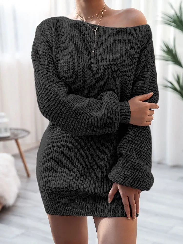 Women's solid colour off-the-shoulder knitted dress with lantern sleeves in a mid-length style.
