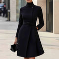 Women's long sleeve bohemian style dress with stand collar and high waist in polyester fabric