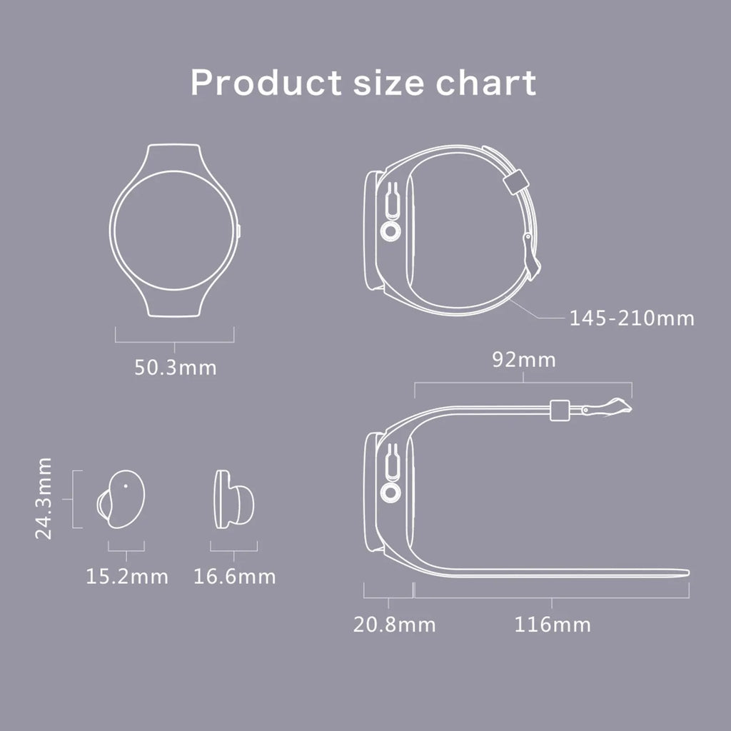 Black Bluetooth headset with detachable smart bracelet showing colour screen, earbuds, and charging cable