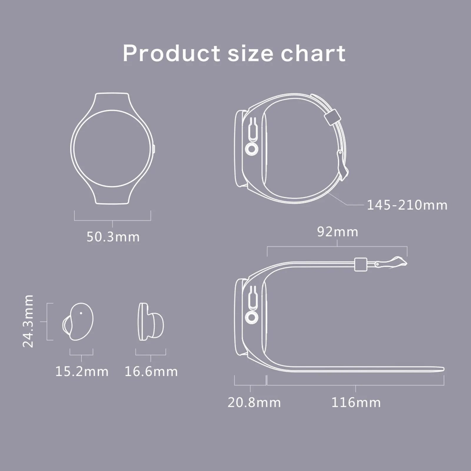 Black Bluetooth headset with detachable smart bracelet showing colour screen, earbuds, and charging cable