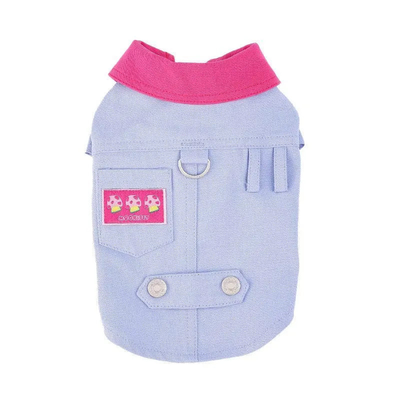 Blue mesh dog vest with a D-ring on the back, sized for a small dog.