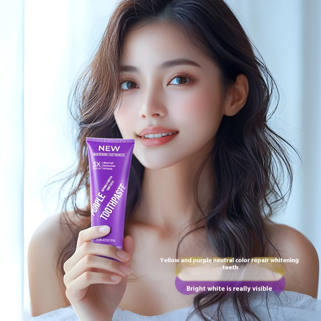 Purple whitening toothpaste tube for adults, shown in 120g and 65g sizes for yellow stain removal.