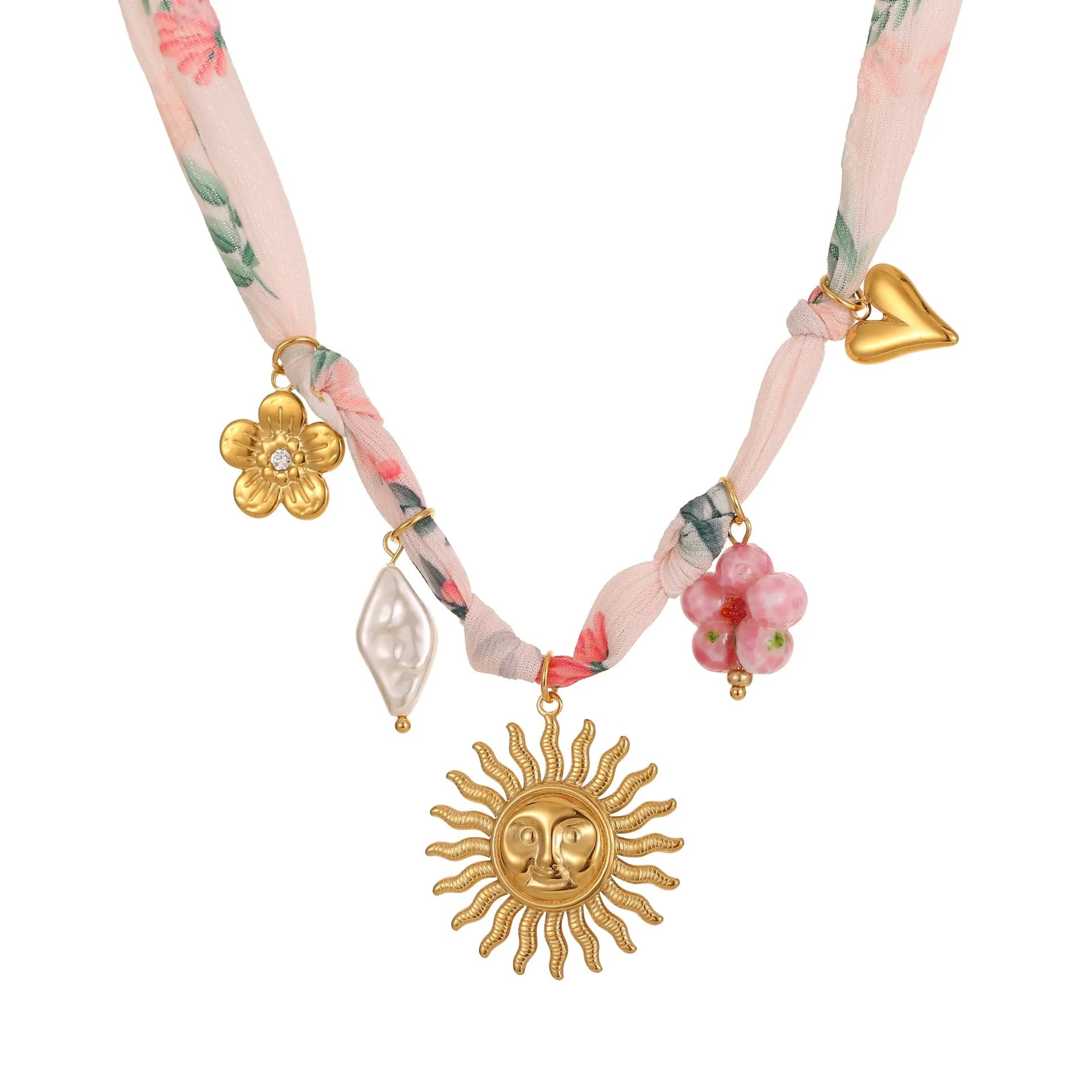 Stainless steel necklace with a geometric sun pendant on a regular chain, showing heart and ribbon sun style options.