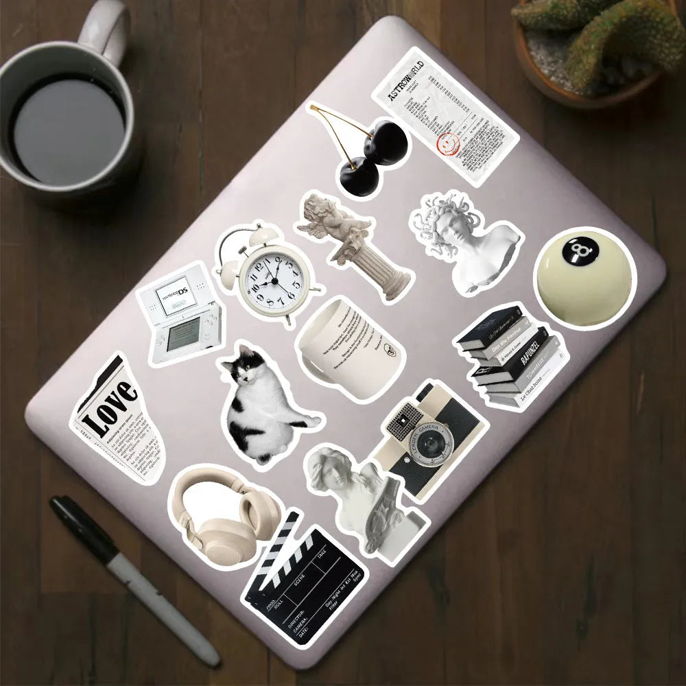 Black and white PVC waterproof sticker set with 61 designs for laptop and device personalisation