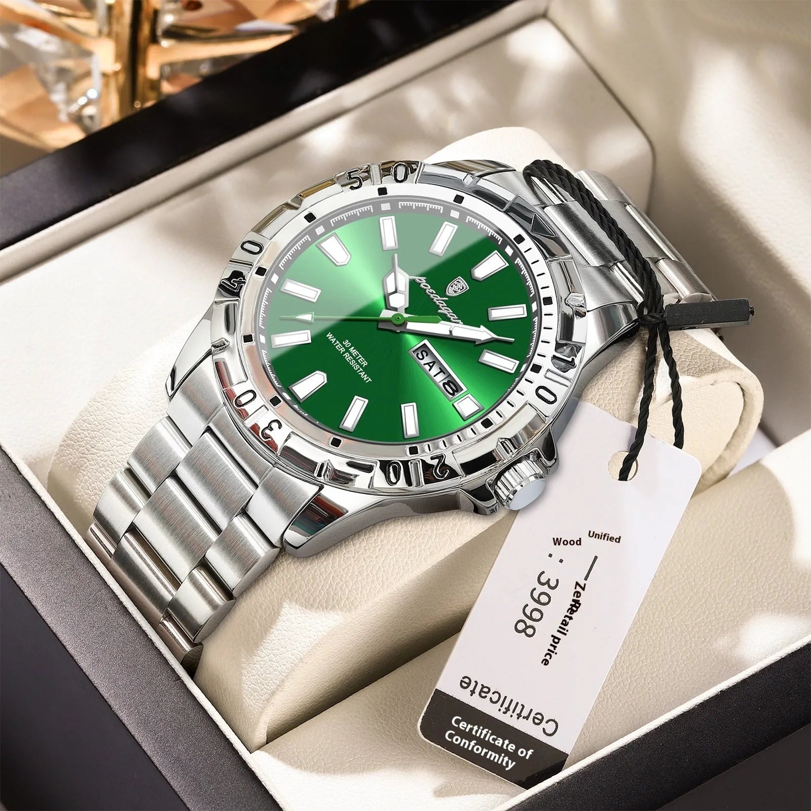 Swiss men's waterproof luminous casual watch with silver case and green dial, 6mm thickness