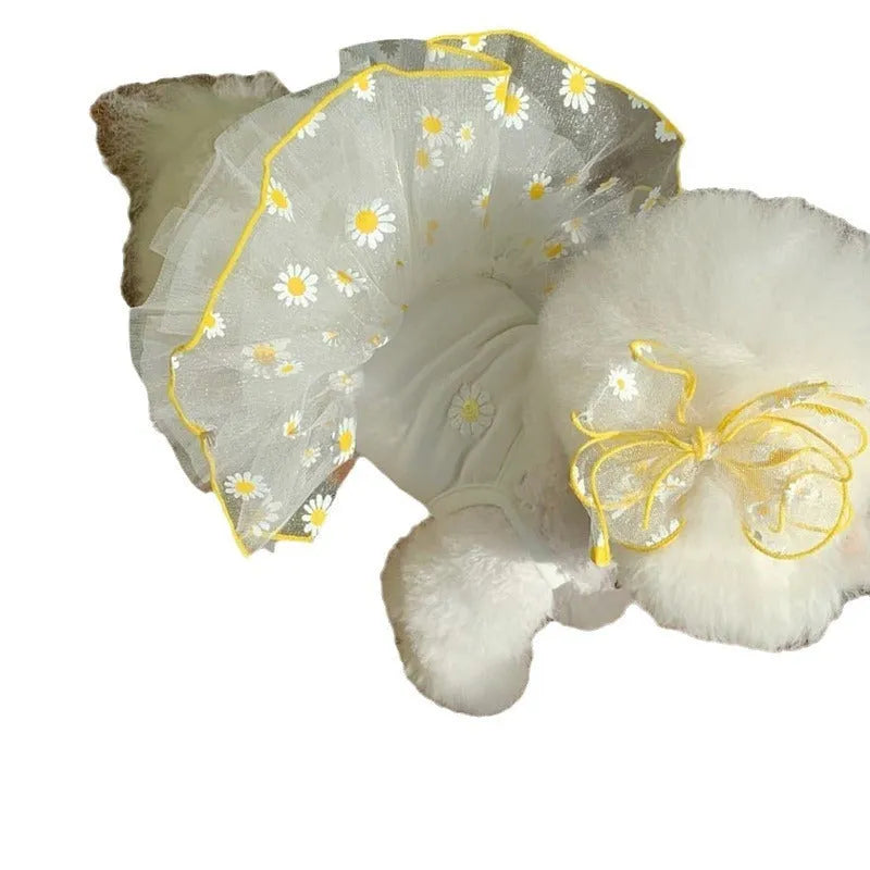 Yellow little daisy pattern dog clothes on canine model with summer thin polyester fabric