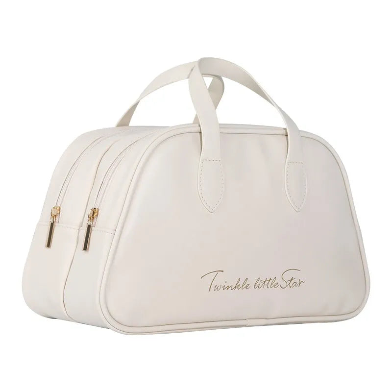 Leather travel toiletry bag with dry-wet separation compartments in caramel mocha colour