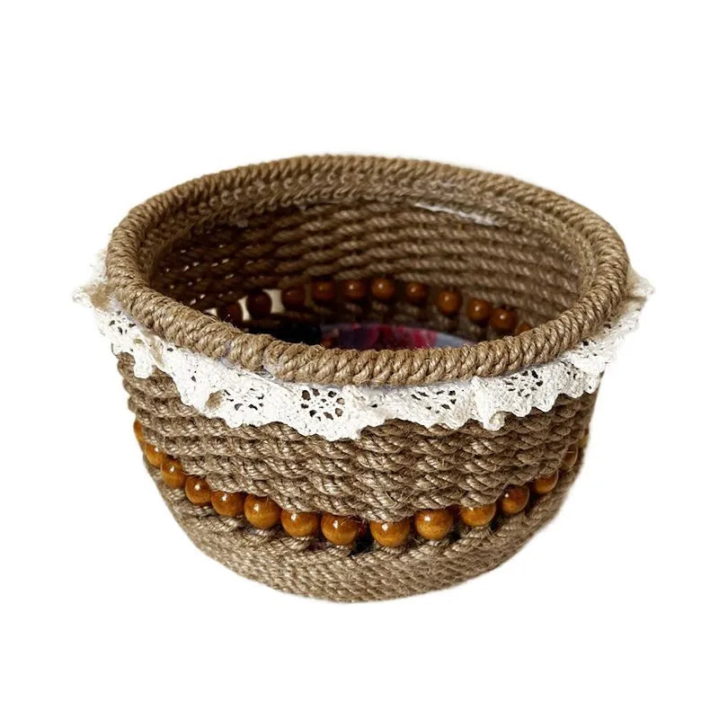 Brown hand-woven storage basket, 17 x 11cm, Oxford cloth, hollow retro tabletop organiser