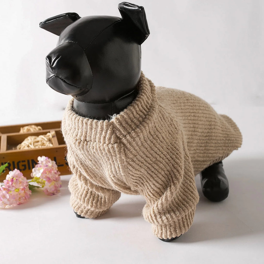 Brown cloth sweater for small dog on white background showing pullover design and casual style