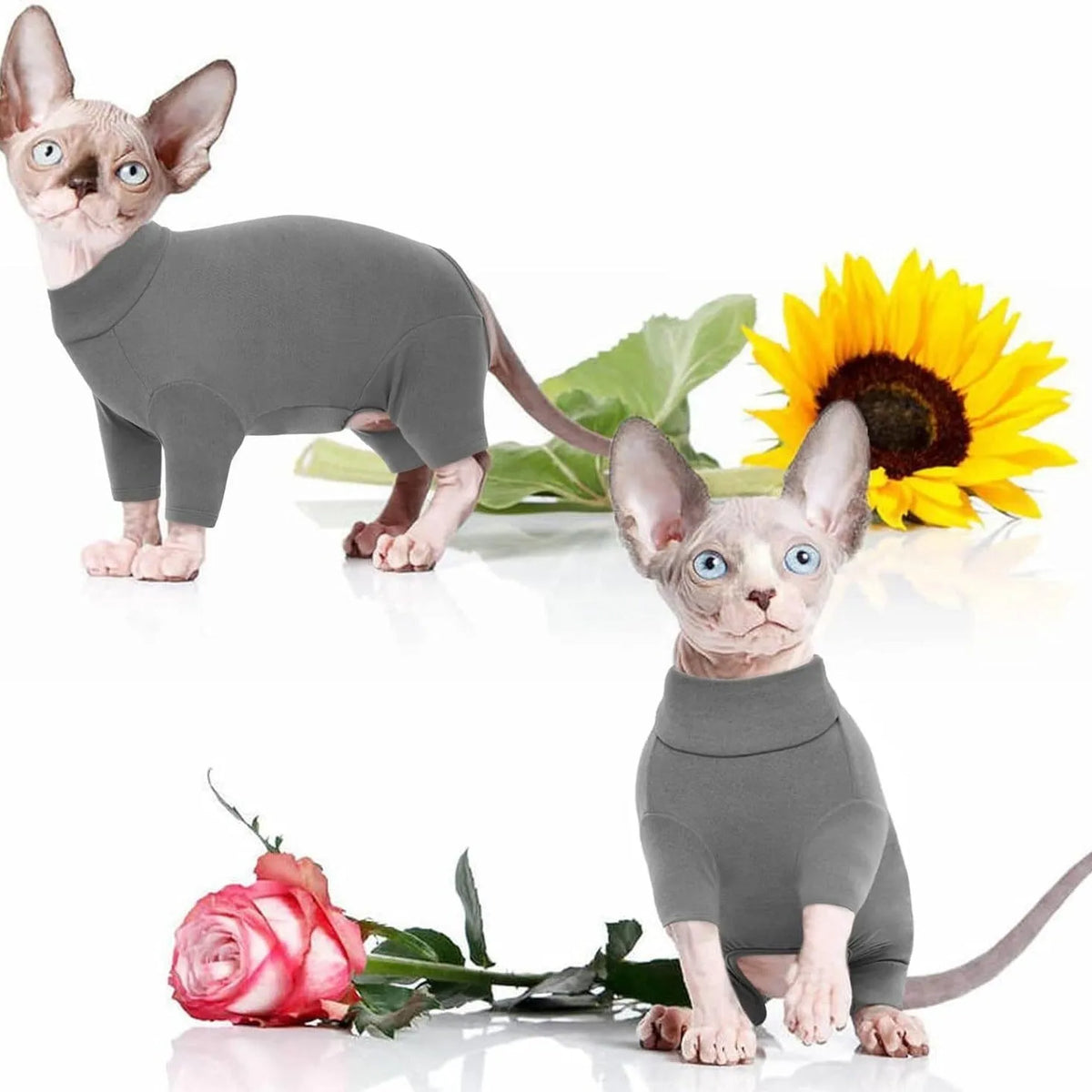 A grey turtleneck sweater for a Sphynx cat, showing the sleeves, leg holes, and pullover design.