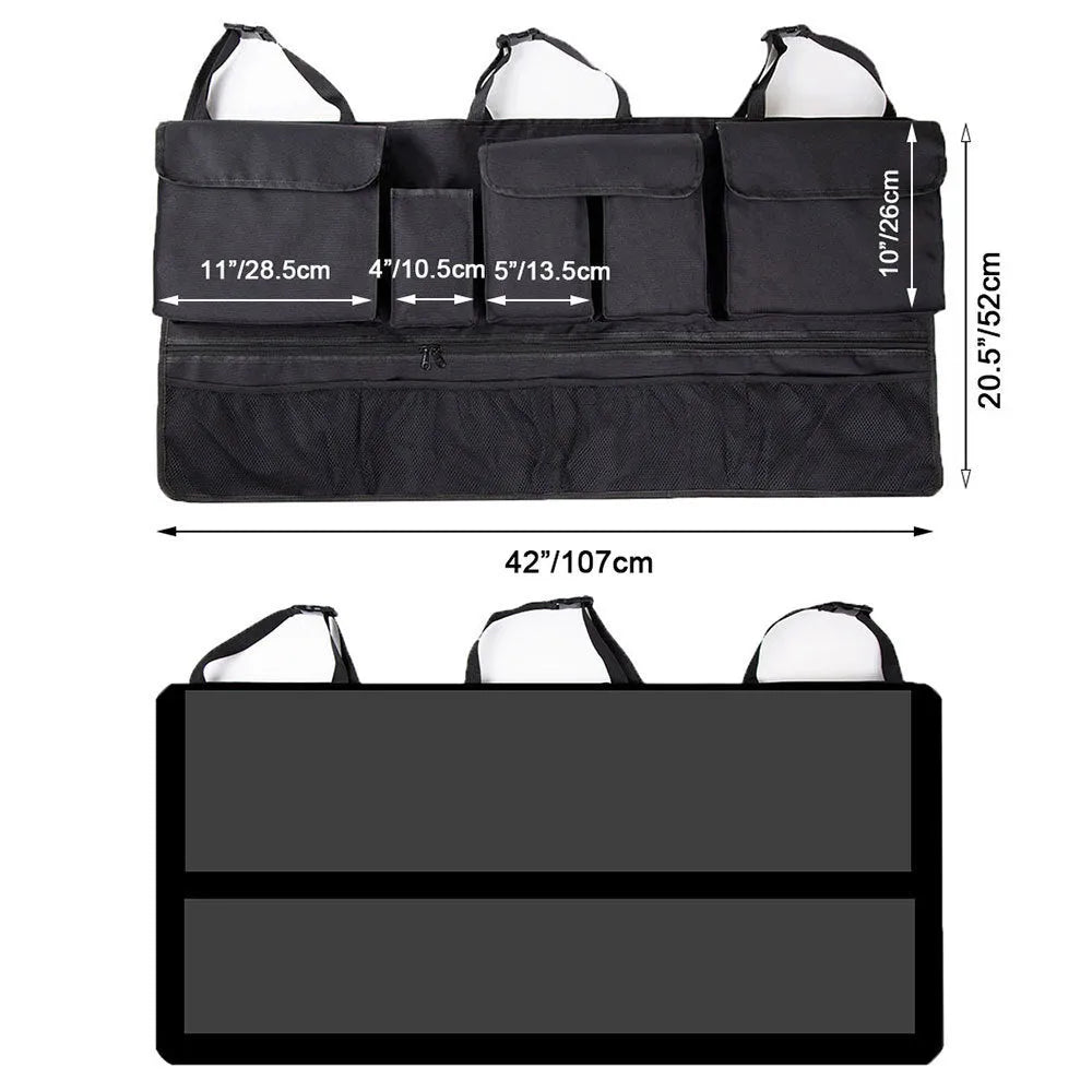 Black car boot hanging storage organiser with shopping bag compartments and waterproof Oxford cloth construction