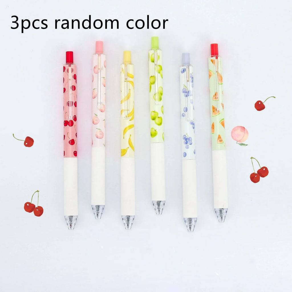 Three fruit-scented press pens with 0.5mm black ink refills and plastic barrels