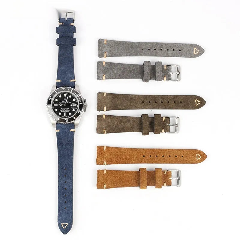 Small waist suede leather watch strap in Army Green, Blue, Brown, or Gray with 20mm or 22mm width options