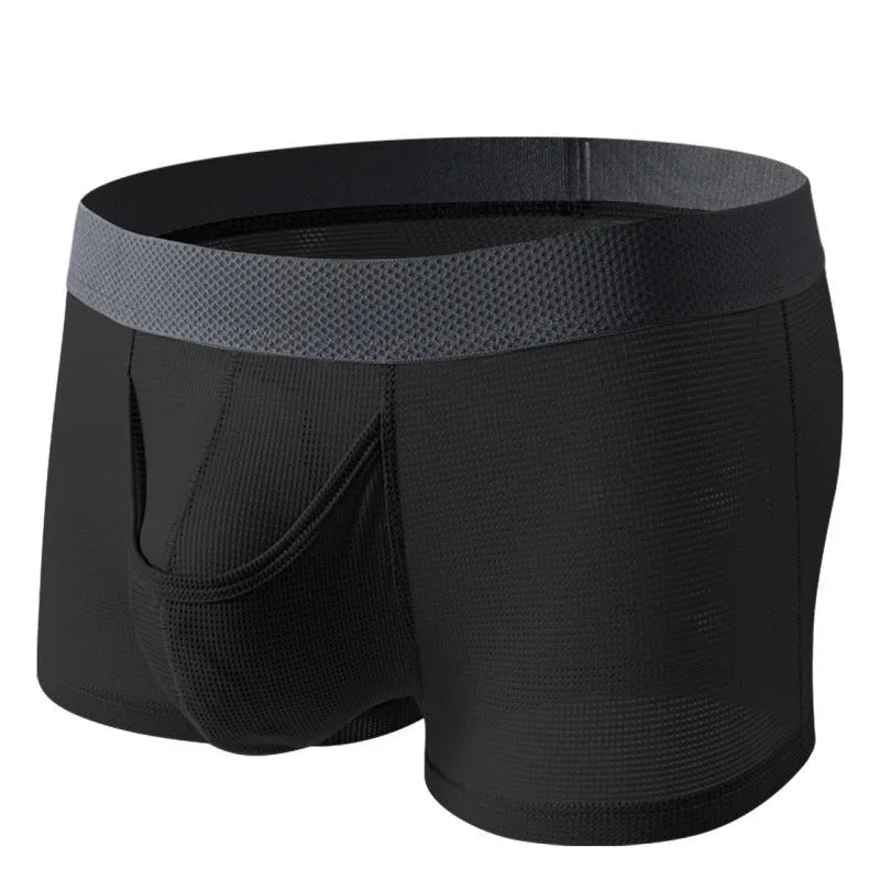 Men's ice silk boxer underwear in breathable mesh fabric showing low waist design