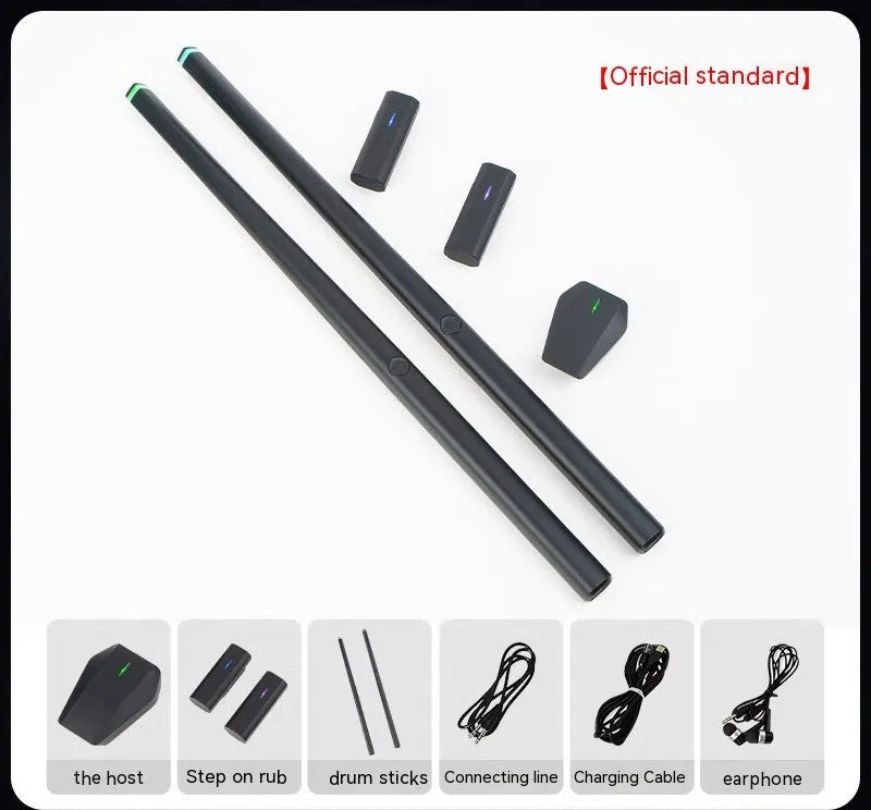 Black wireless air drum kit with drumsticks and foam floor markers for virtual reality music creation