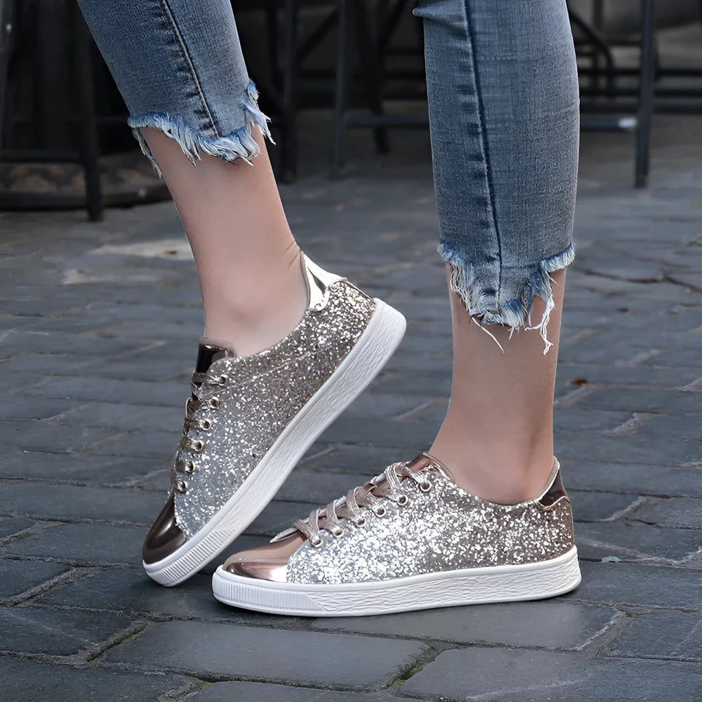 Women's colourful sequin casual shoes in black, gold, or pink with round toe and lace-up design