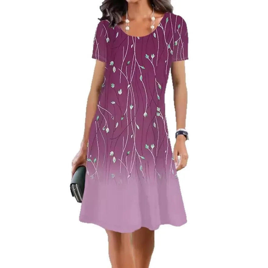 Women's mid-length A-line dress with painted plant and flower pattern, short sleeves, round neckline on Ice Silk fabric