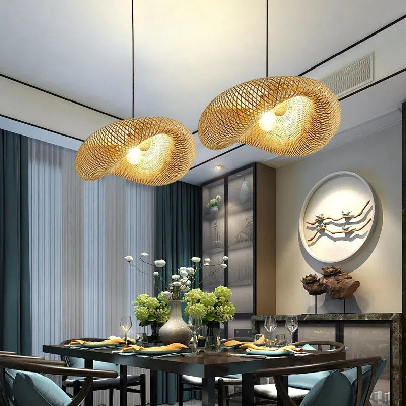 Bamboo hanging lamp with straw hat design showing woven natural bamboo construction and three size options