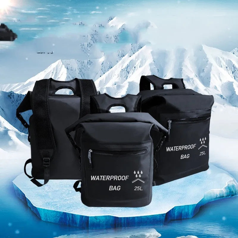 Black 25L waterproof outdoor backpack for swimming, river tracing and rafting activities