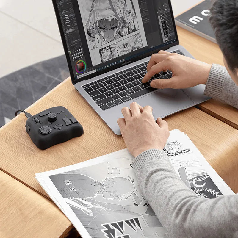 TourBox NEO video editing auxiliary keyboard with 148mm width and 198mm length, USB cable included