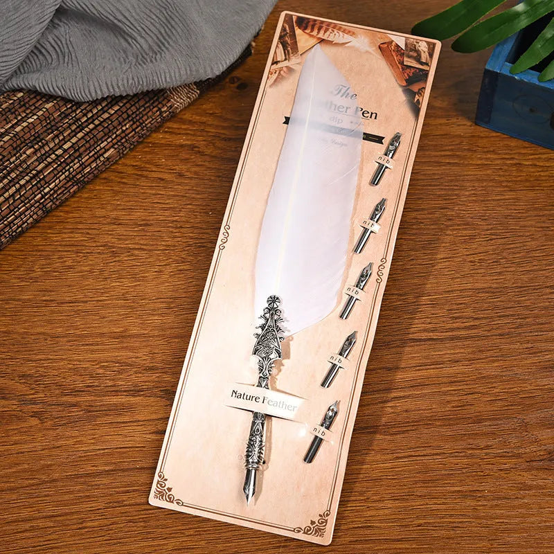 Vintage-style feather dip pen with metallic finish in choice of 10 colours for calligraphy writing