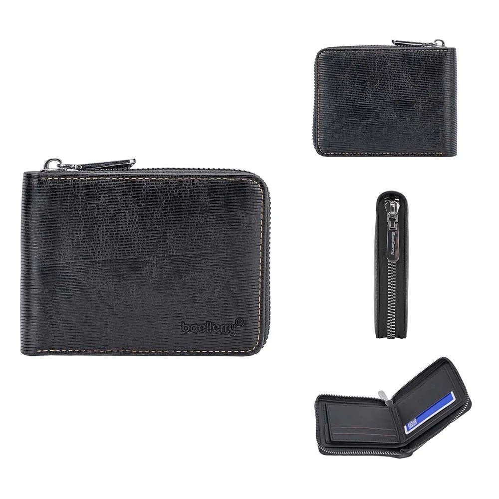 Black polyurethane zipper wallet with embossed detailing showing credit card slots and secure closure