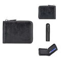 Black polyurethane zipper wallet with embossed detailing showing credit card slots and secure closure
