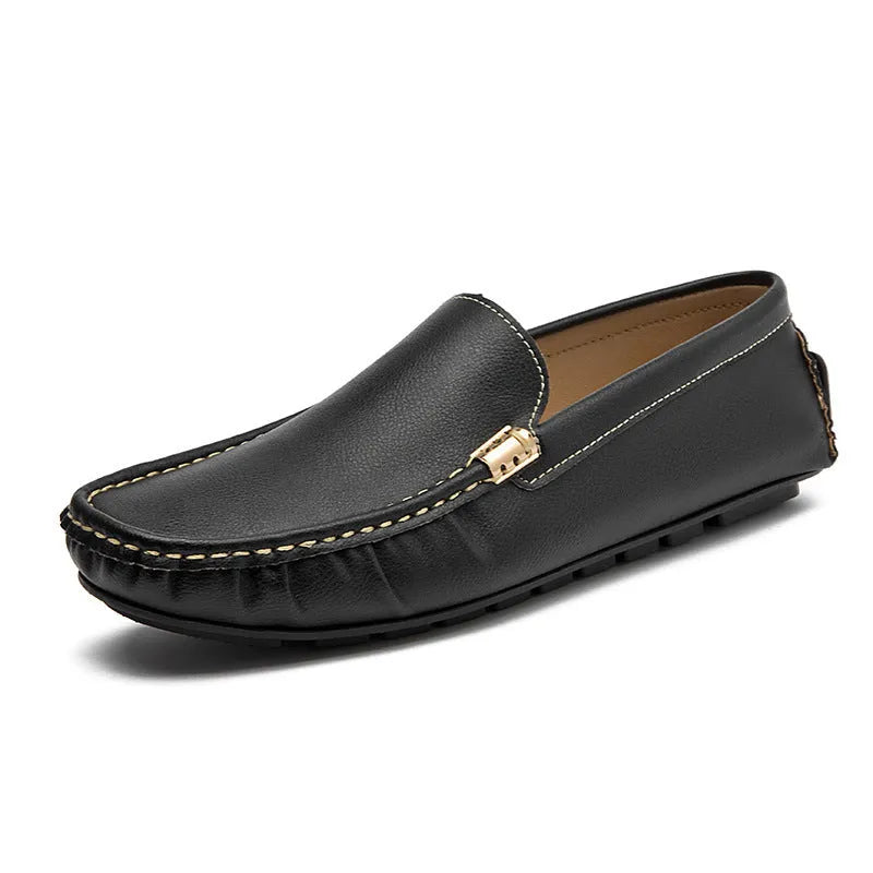 Men's outdoor leather driving shoes, matte two-layer cowhide upper, flat wedge heel, sewn rubber sole, black white orange