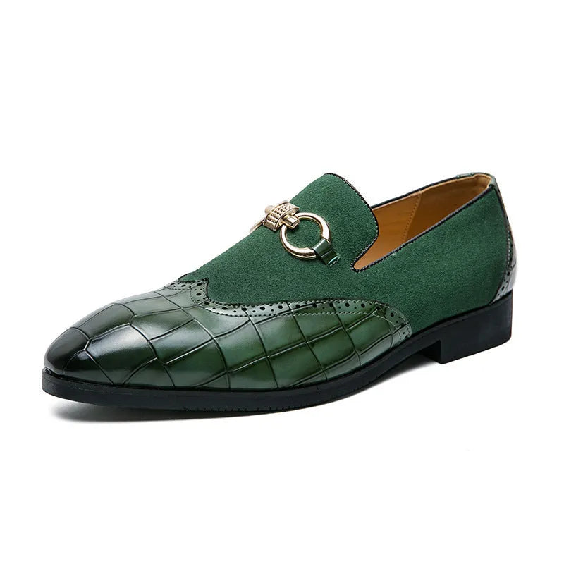 Men's Korean style leather shoes with pointed toe design and sewing line details in black or green