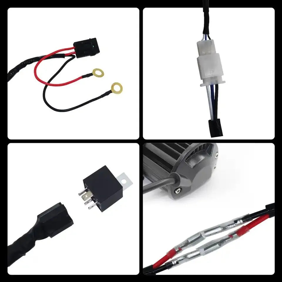 LED work light wiring harness with silicone cable and automotive connectors for vehicle roof spotlight installation