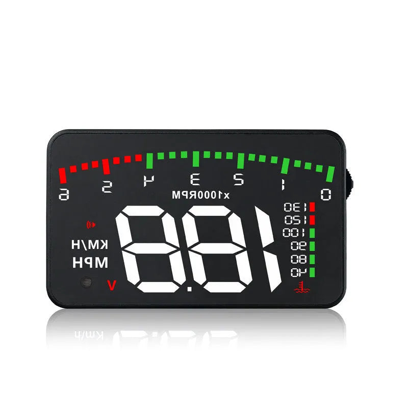Black automotive head-up display with 3.5 inch LED screen, OBD interface, 90 x 54 x 12 mm ABS PC housing
