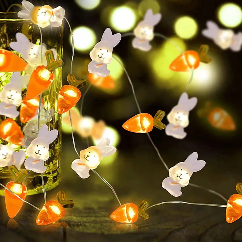Carrot and rabbit shaped Easter LED string lights with battery box and PVC shell, available in five colours
