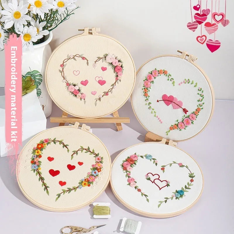 DIY embroidery kit with heart design on cotton cloth and 20cm bamboo frame