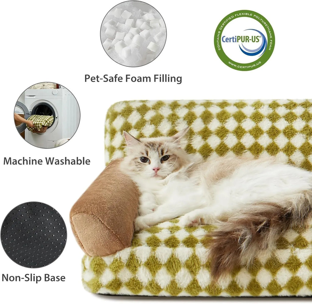 Checkered pattern pet sofa bed for small cats and dogs on a wooden floor.