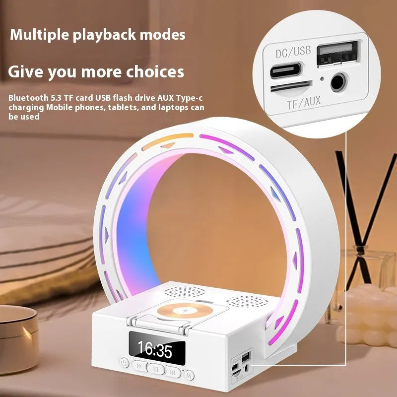 4-in-1 wireless Bluetooth speaker charging pad bedside lamp with digital alarm clock in black or white colour