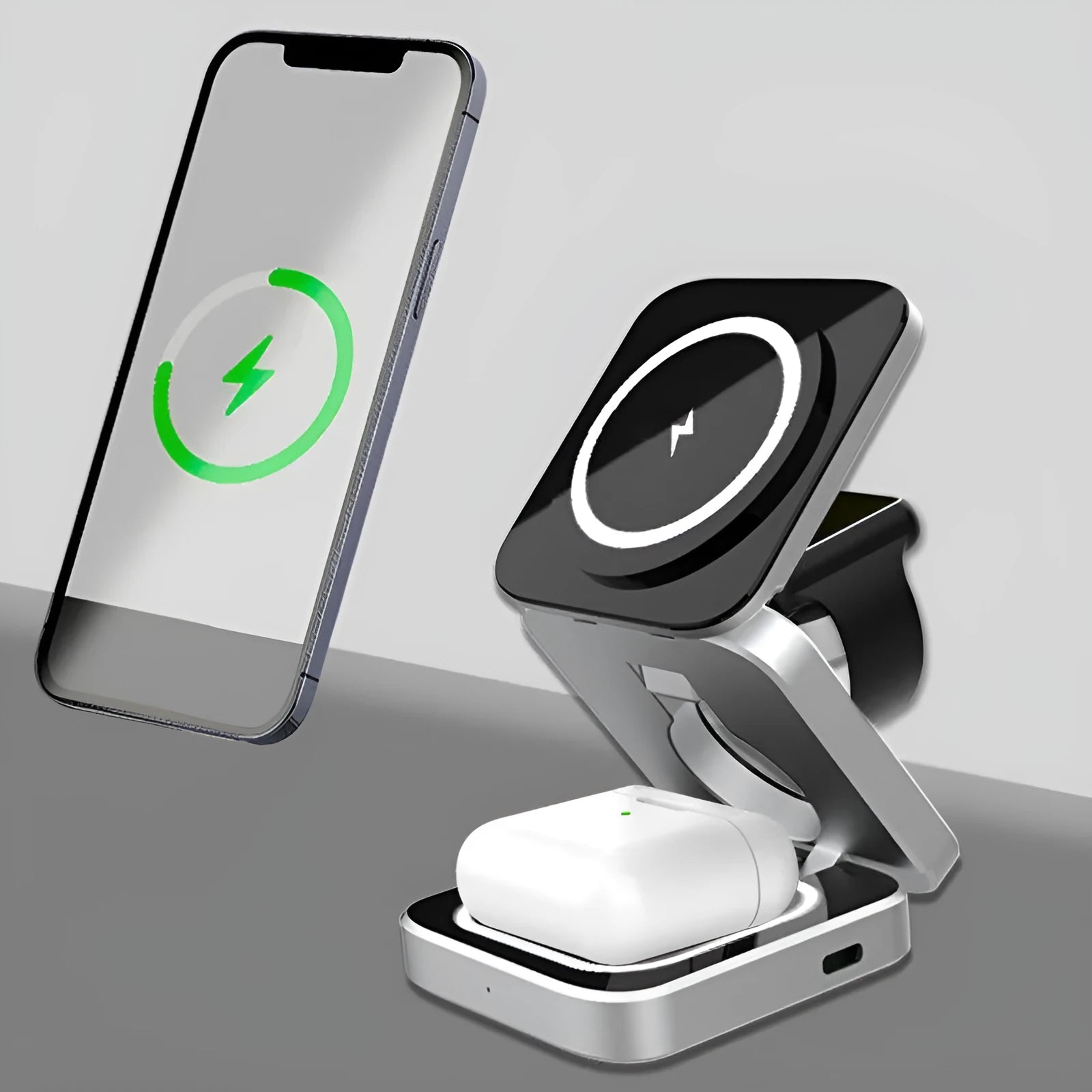 Folding wireless charging bracket with magnetic ring for Apple, Samsung, and Google Pixel Watch devices