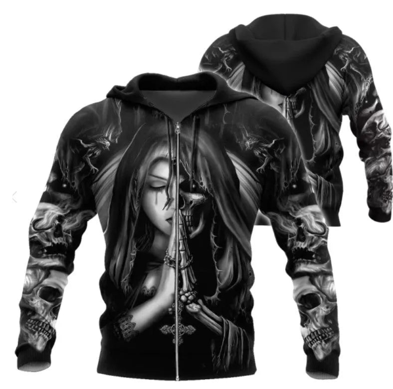 Halloween anime skull design 3D printed on black hooded sweatshirt showing front graphic detail