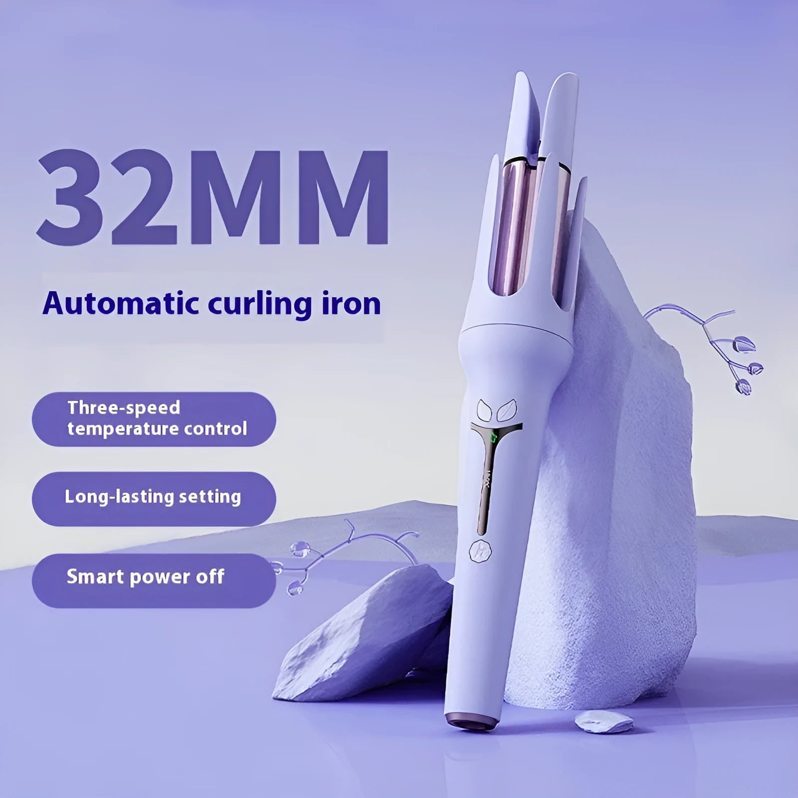32mm automatic hair curler in pink or light purple with anion technology and included styling accessories