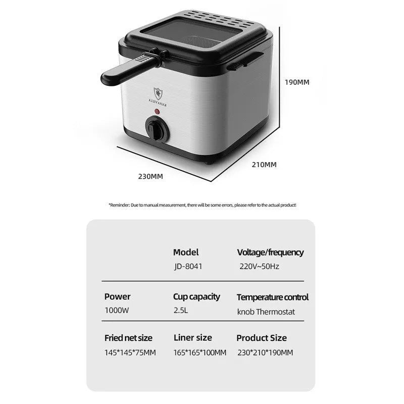 Silver electric air fryer with stainless steel fryer basket showing UK plug