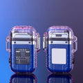 Transparent plastic dual arc lighter with USB charging port and side activation button