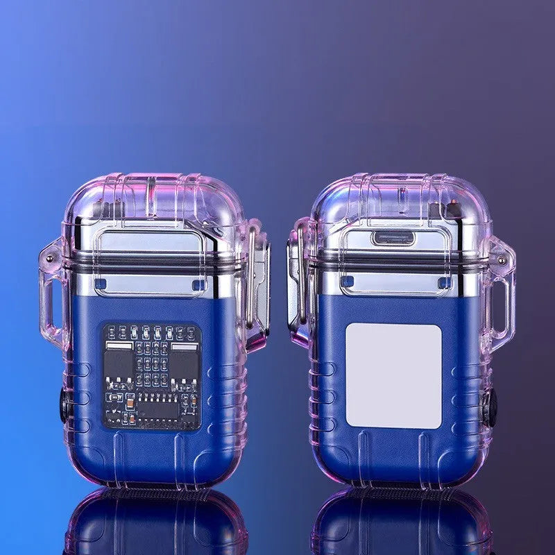 Transparent plastic dual arc lighter with USB charging port and side activation button