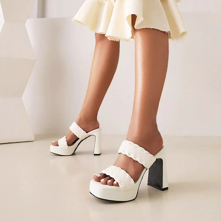 Round toe open toe high heel sandals with woven foot, chunky platform, white or black PU upper and rubber sole.